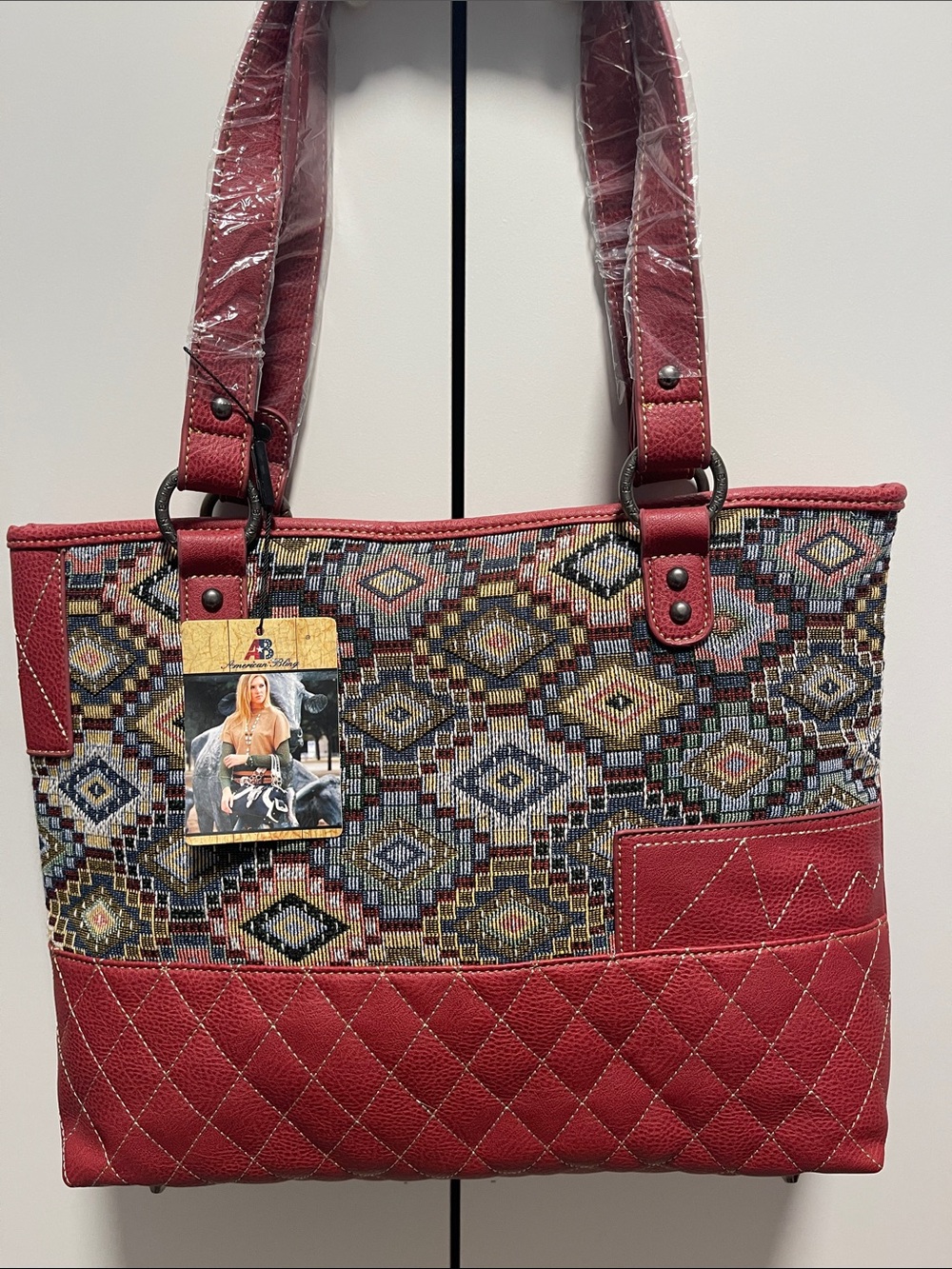 Red Quilted Tote with Southwestern Jacquard Panel